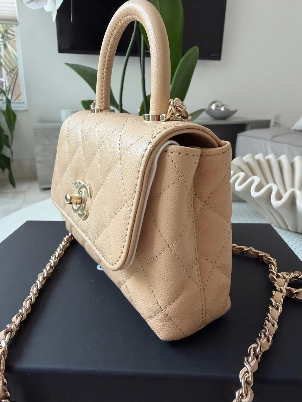 Chanel 24K AP4244 Micro Coco Handle Extra Mini Flap Beige Caviar Clutch GHW Bag
